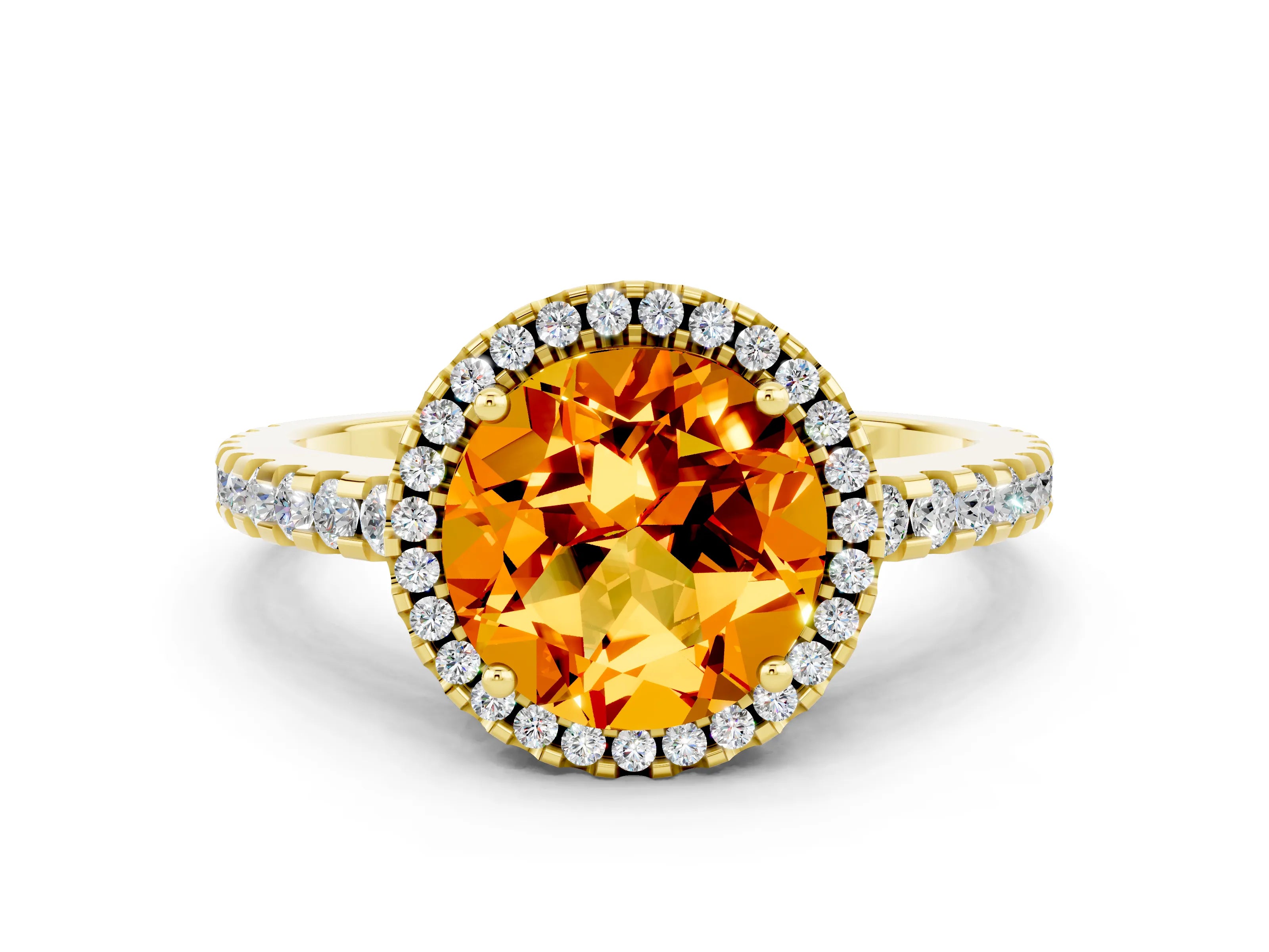 Yellow gold Round Cut Citrine Halo Engagement Ring with Pavé Band and Prong Setting_12