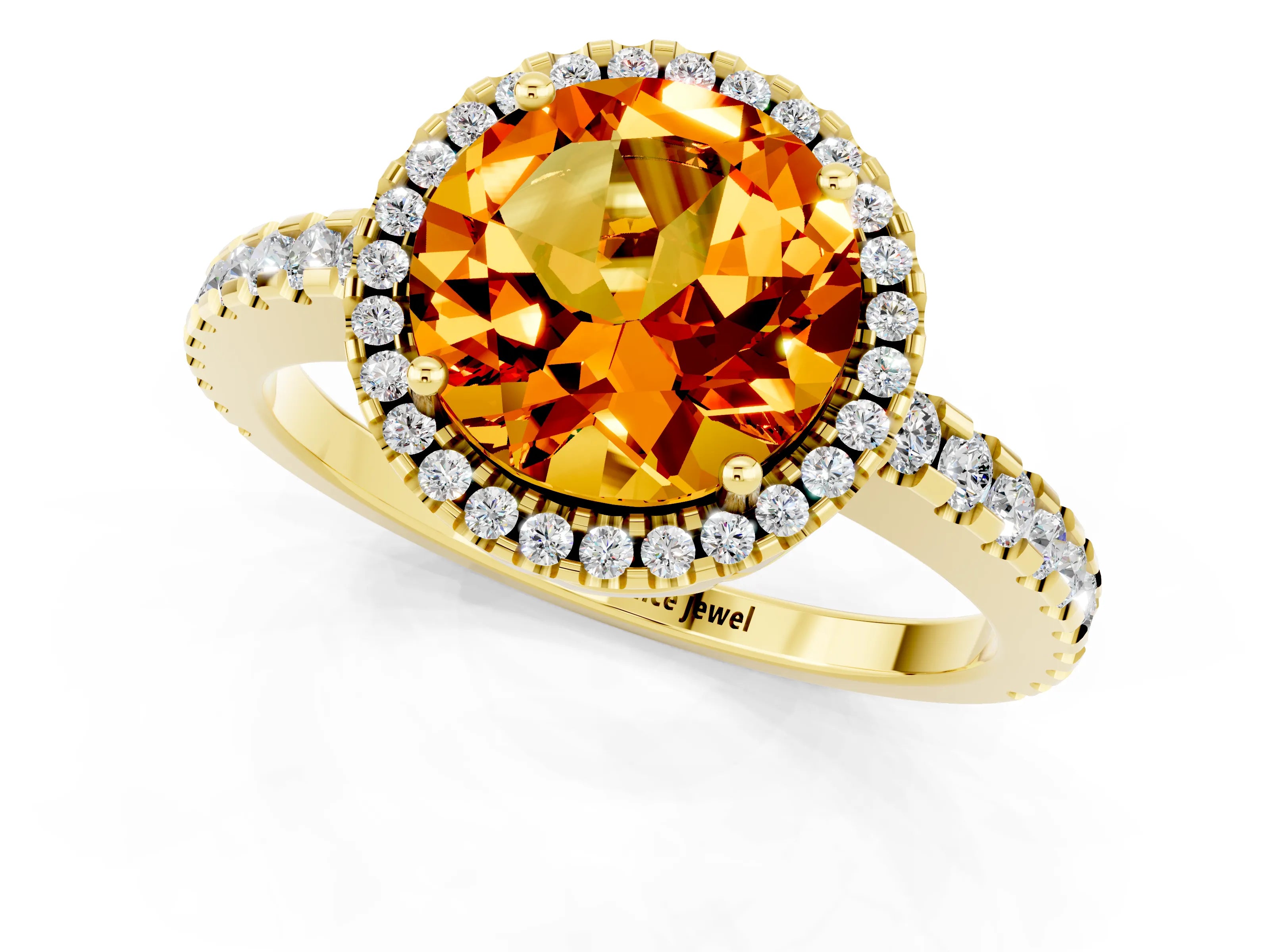 Yellow gold Round Cut Citrine Halo Engagement Ring with Pavé Band and Prong Setting_13