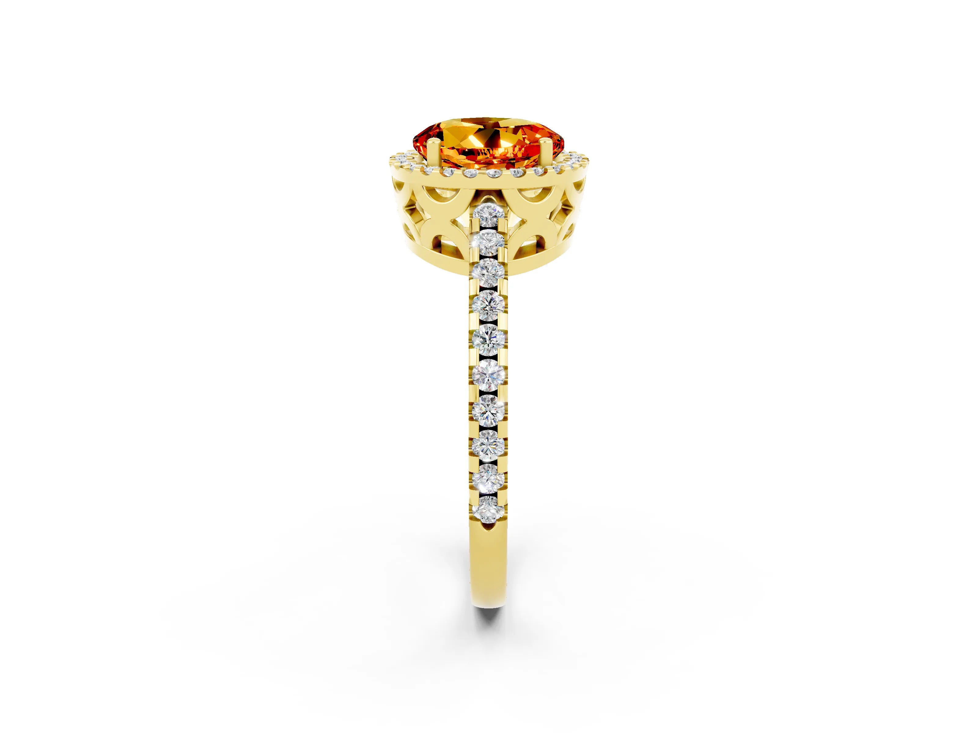 Yellow gold Round Cut Citrine Halo Engagement Ring with Pavé Band and Prong Setting_14