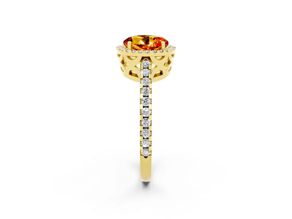 Yellow gold Round Cut Citrine Halo Engagement Ring with Pavé Band and Prong Setting