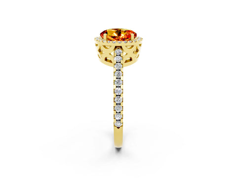 Yellow gold Round Cut Citrine Halo Engagement Ring with Pavé Band and Prong Setting_14