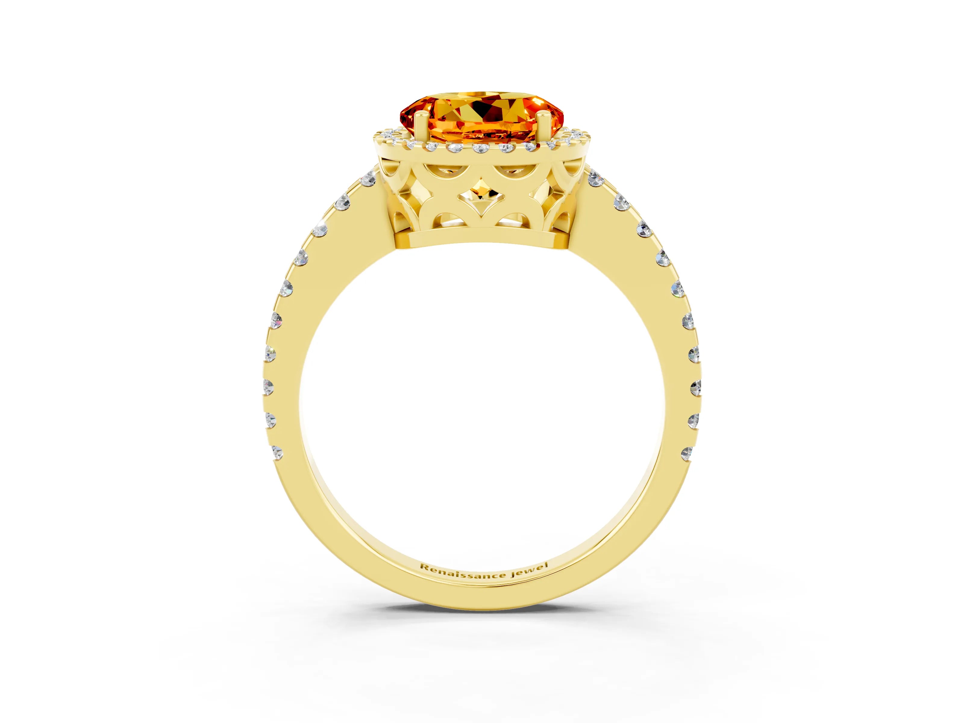 Yellow gold Round Cut Citrine Halo Engagement Ring with Pavé Band and Prong Setting_15