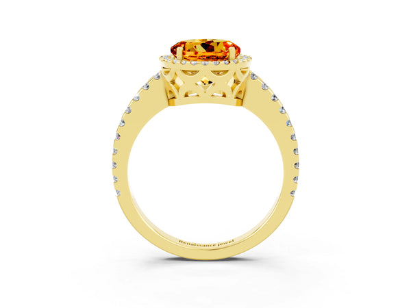Yellow gold Round Cut Citrine Halo Engagement Ring with Pavé Band and Prong Setting