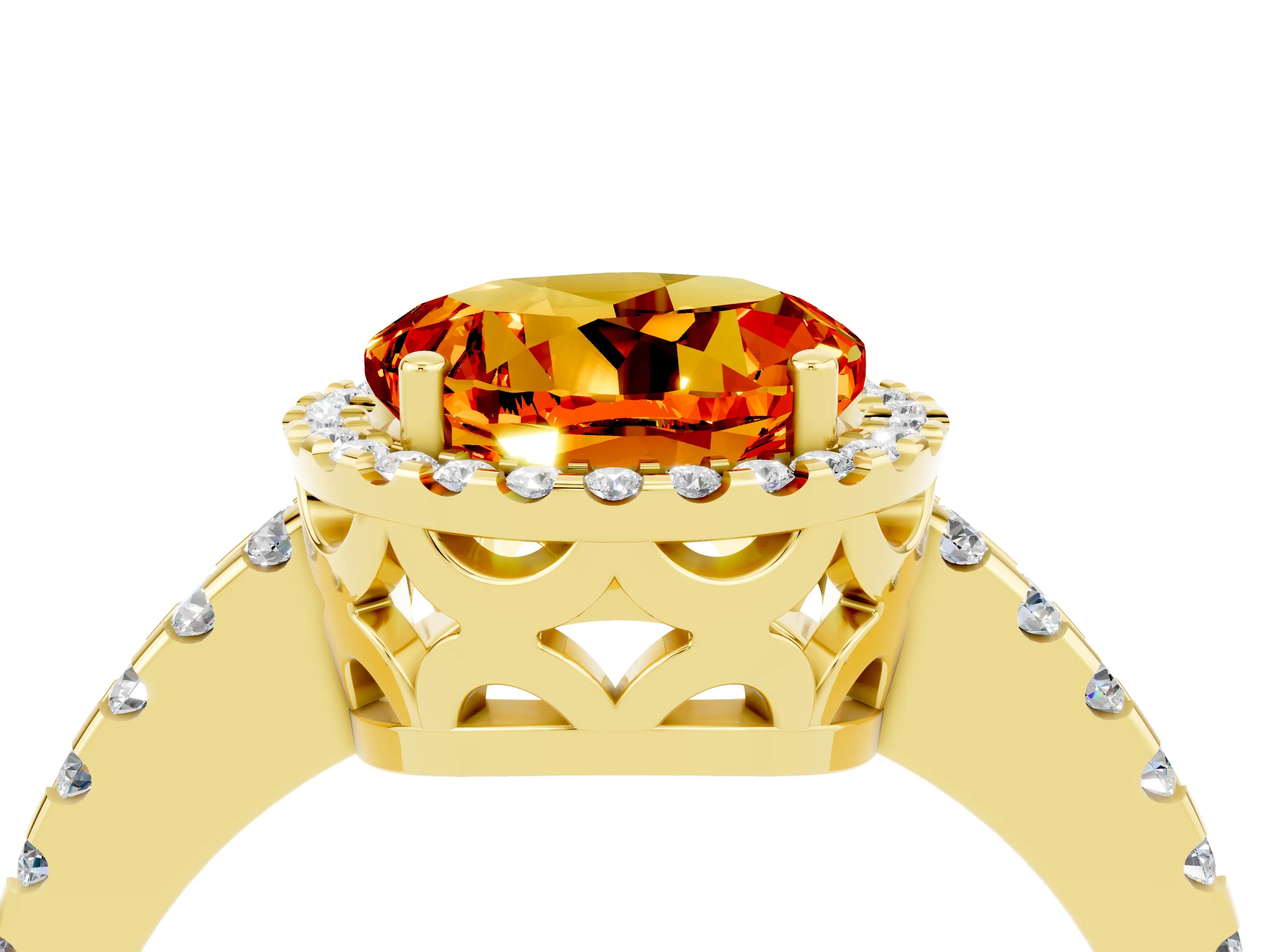 Yellow gold Round Cut Citrine Halo Engagement Ring with Pavé Band and Prong Setting_16