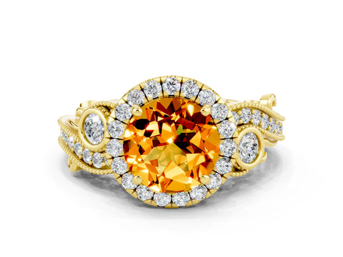 Yellow gold Round Cut Citrine Halo Ring with Milgrain Pavé Band and Four-Prong Setting_12