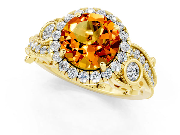 Yellow gold Round Cut Citrine Halo Ring with Milgrain Pavé Band and Four-Prong Setting