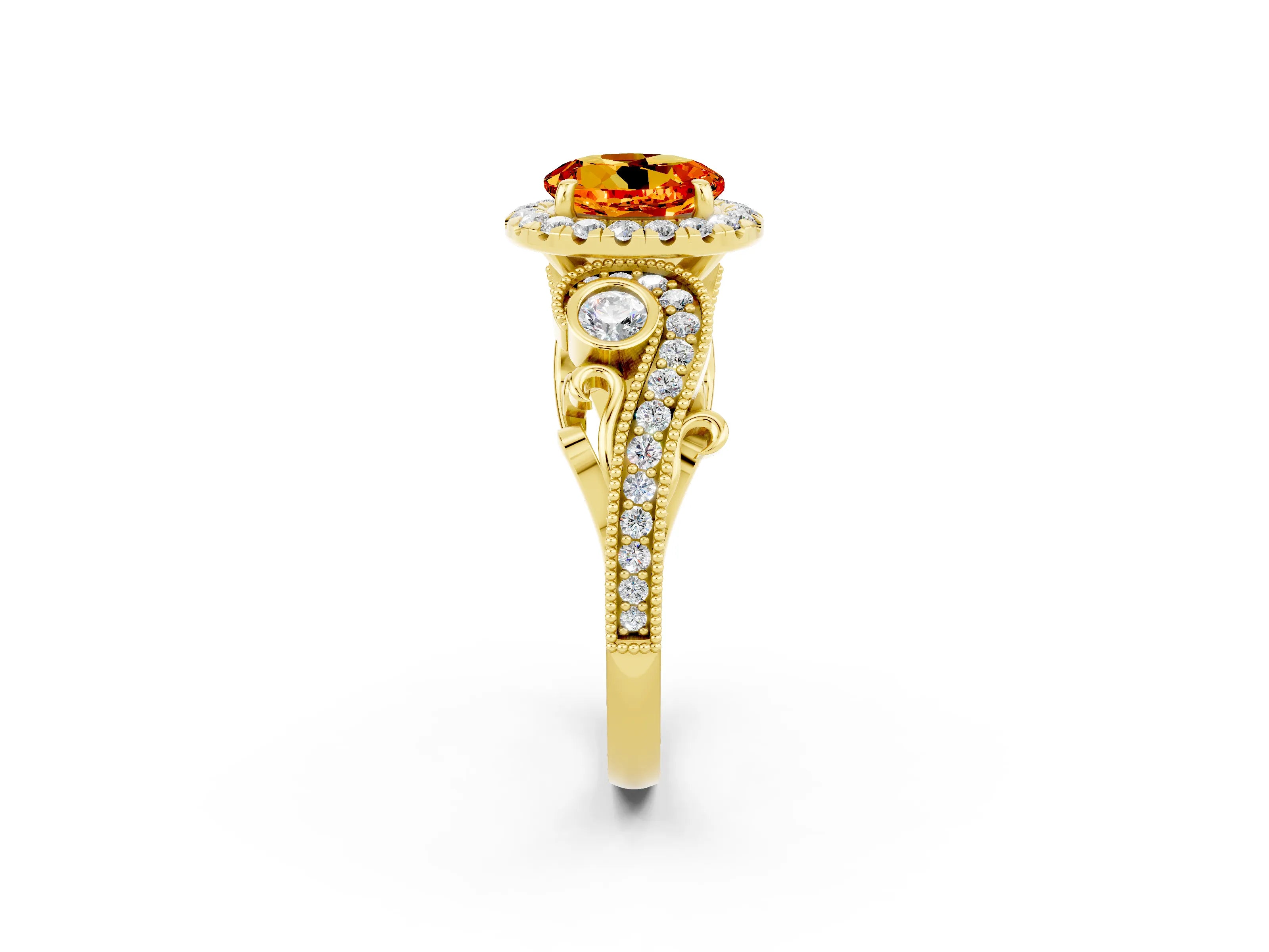 Yellow gold Round Cut Citrine Halo Ring with Milgrain Pavé Band and Four-Prong Setting_14