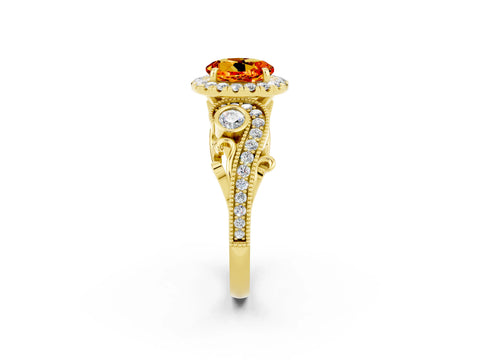 Yellow gold Round Cut Citrine Halo Ring with Milgrain Pavé Band and Four-Prong Setting_14