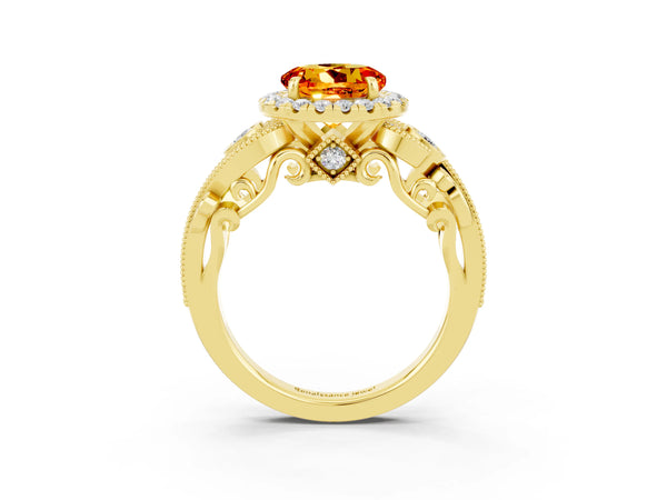 Yellow gold Round Cut Citrine Halo Ring with Milgrain Pavé Band and Four-Prong Setting