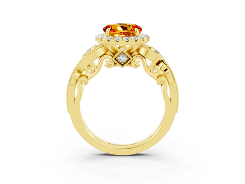 Yellow gold Round Cut Citrine Halo Ring with Milgrain Pavé Band and Four-Prong Setting_15