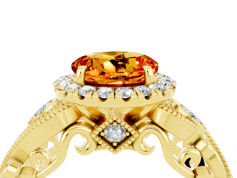 Yellow gold Round Cut Citrine Halo Ring with Milgrain Pavé Band and Four-Prong Setting_16