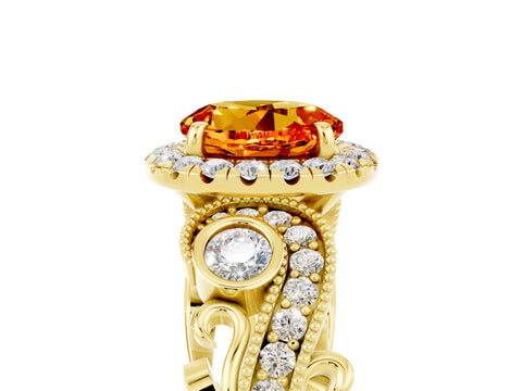 Yellow gold Round Cut Citrine Halo Ring with Milgrain Pavé Band and Four-Prong Setting_17