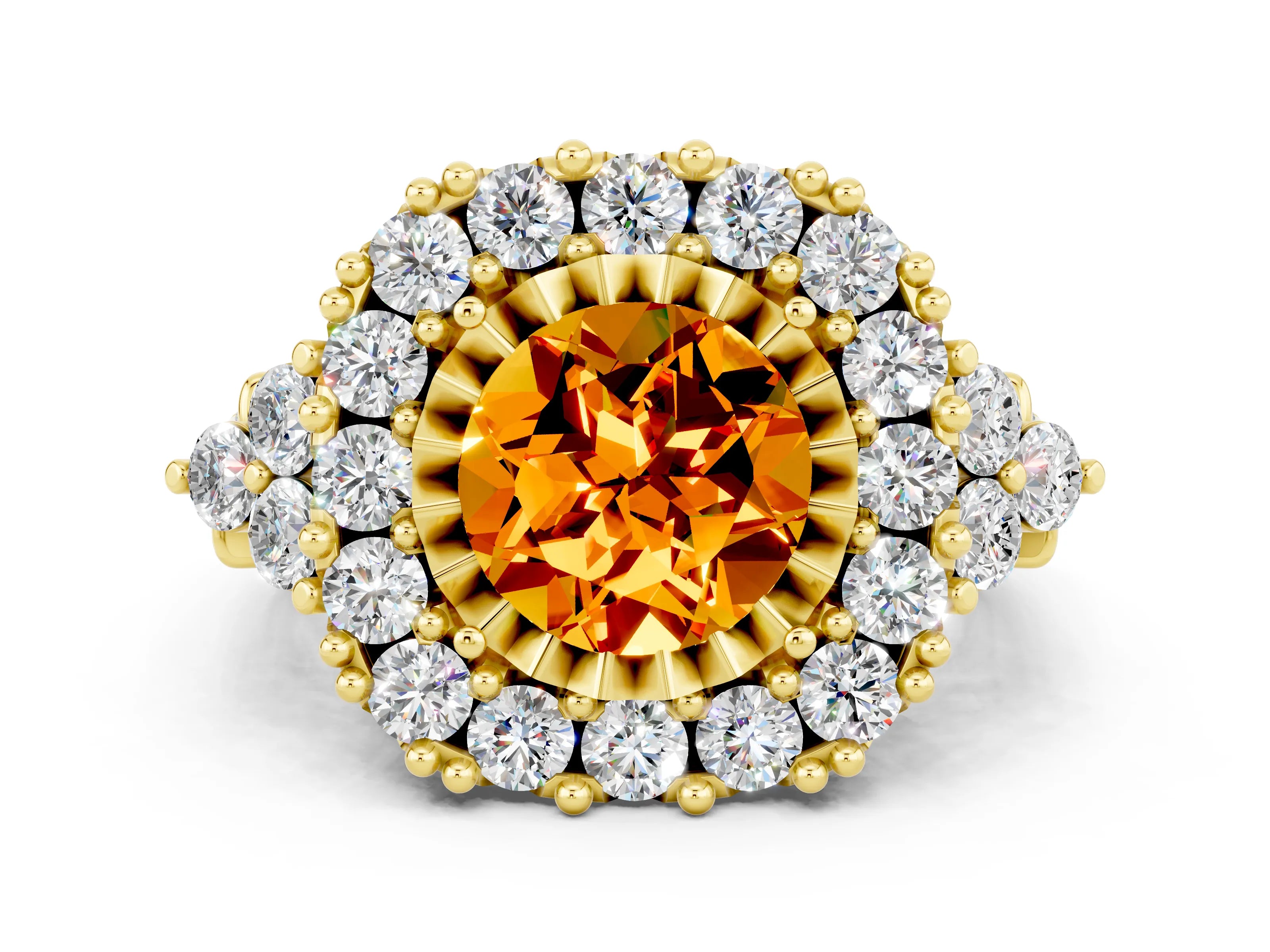 Yellow gold Round Cut Citrine Halo Ring with Pavé Band and Four-Prong Setting_12