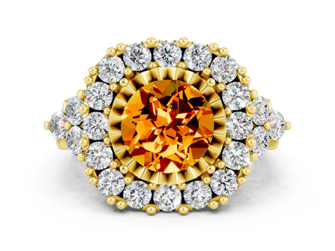 Yellow gold Round Cut Citrine Halo Ring with Pavé Band and Four-Prong Setting_12