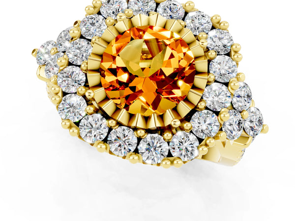 Yellow gold Round Cut Citrine Halo Ring with Pavé Band and Four-Prong Setting