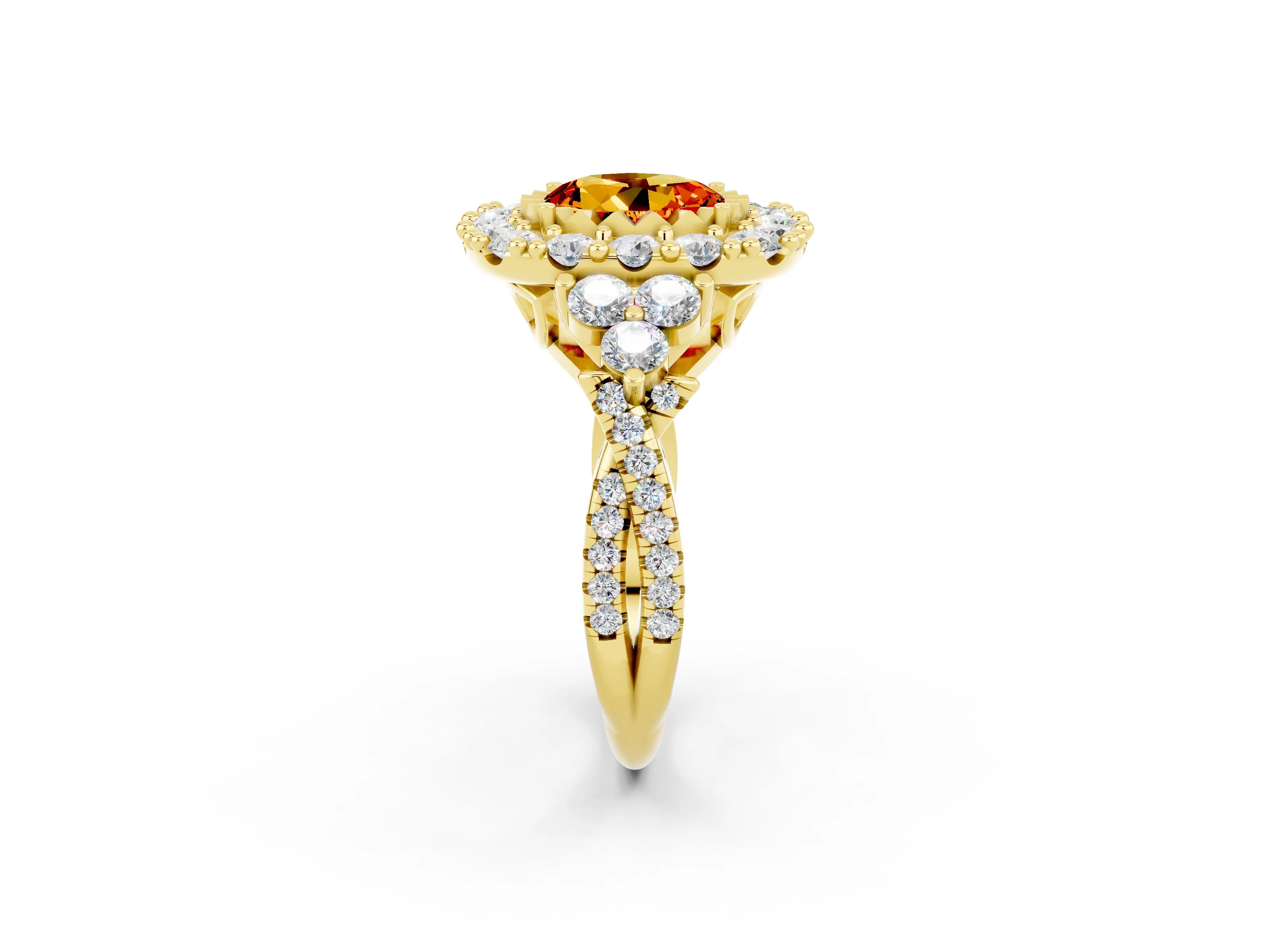 Yellow gold Round Cut Citrine Halo Ring with Pavé Band and Four-Prong Setting_14
