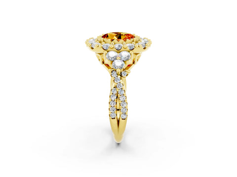 Yellow gold Round Cut Citrine Halo Ring with Pavé Band and Four-Prong Setting_14