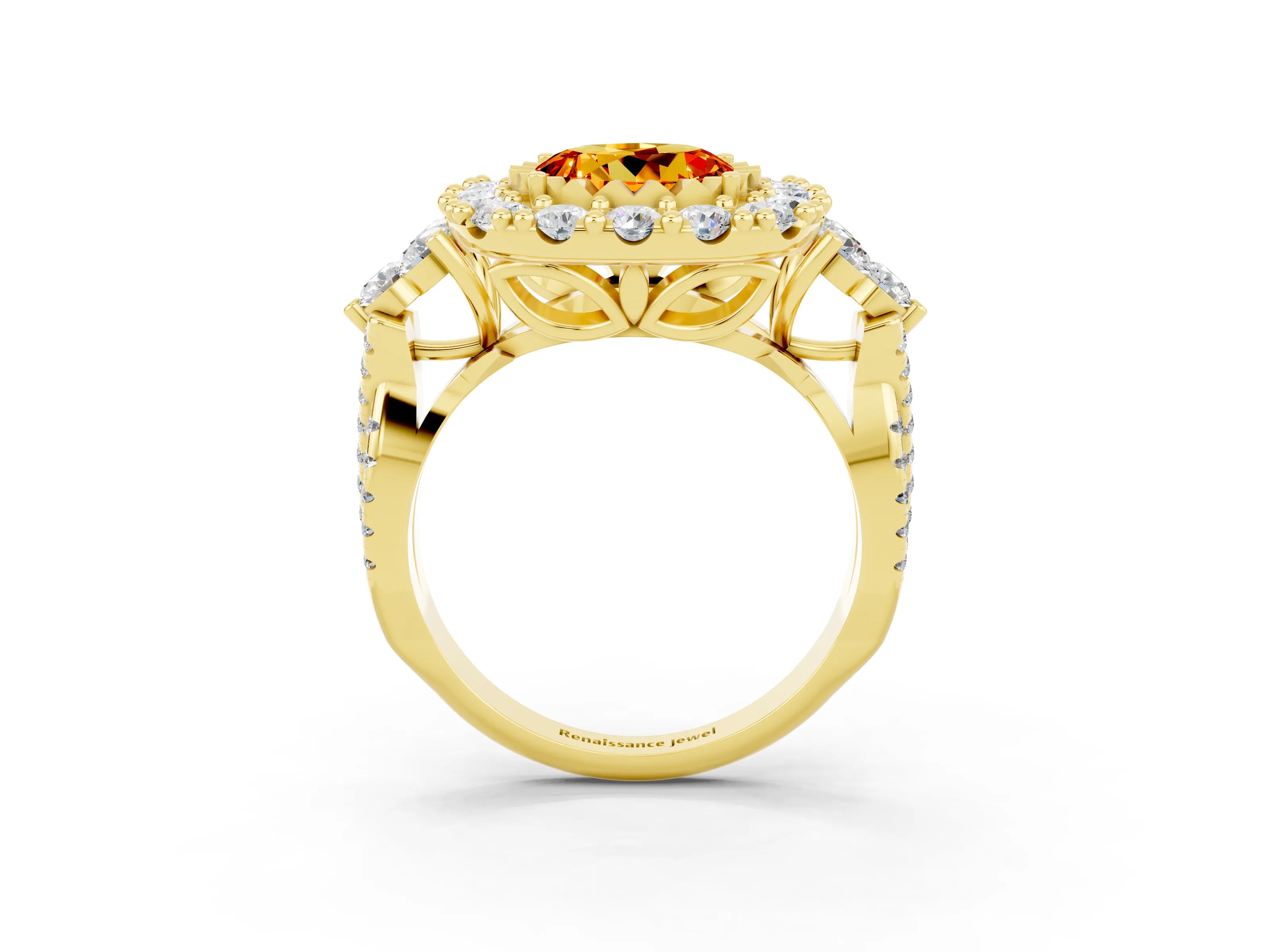 Yellow gold Round Cut Citrine Halo Ring with Pavé Band and Four-Prong Setting_15