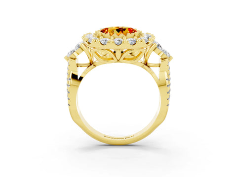 Yellow gold Round Cut Citrine Halo Ring with Pavé Band and Four-Prong Setting_15