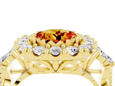 Yellow gold Round Cut Citrine Halo Ring with Pavé Band and Four-Prong Setting_16