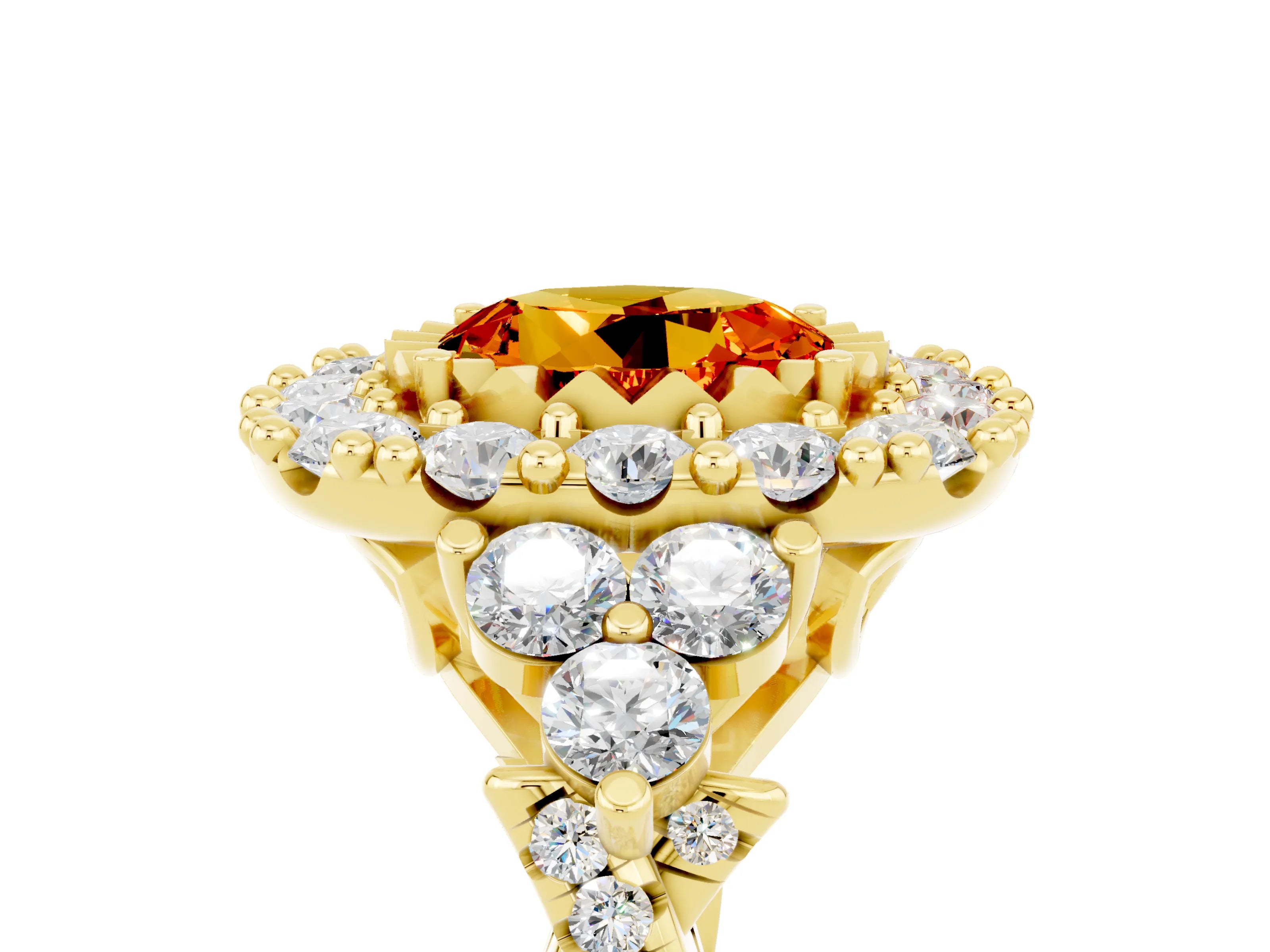 Yellow gold Round Cut Citrine Halo Ring with Pavé Band and Four-Prong Setting_17