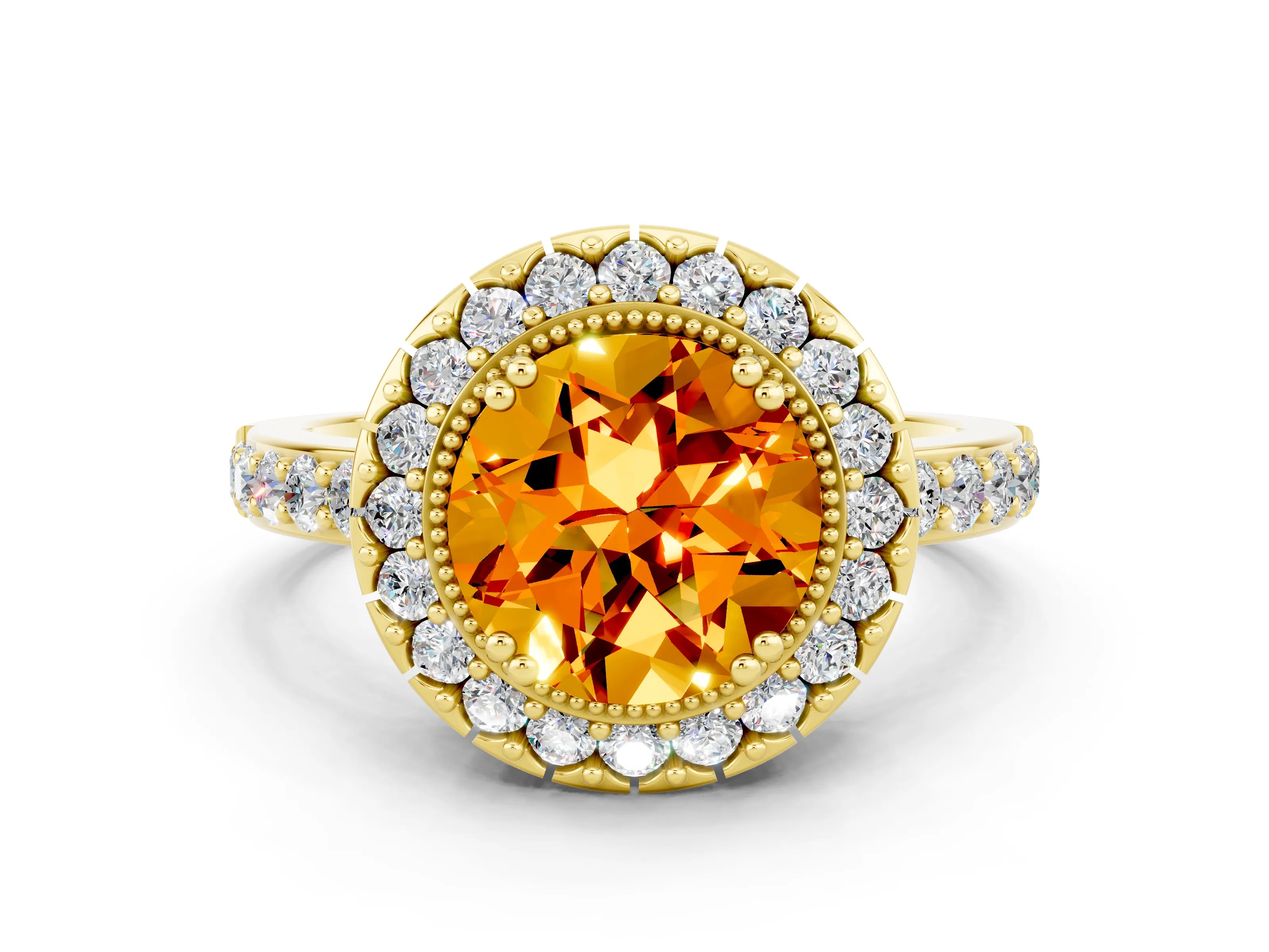 Yellow gold Round Cut Citrine Halo Ring with Pavé Band and Prong Setting