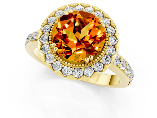 Yellow gold Round Cut Citrine Halo Ring with Pavé Band and Prong Setting