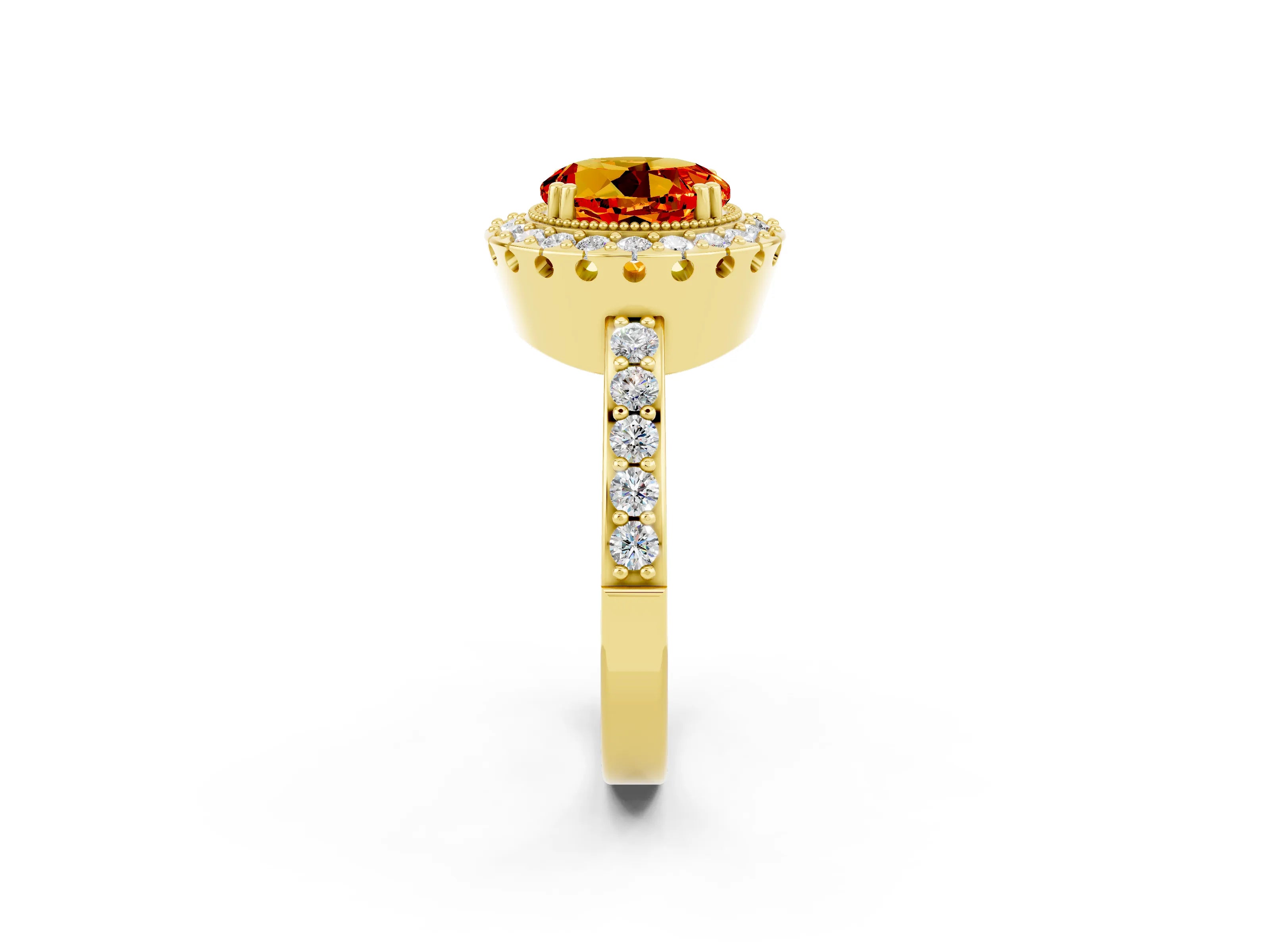Yellow gold Round Cut Citrine Halo Ring with Pavé Band and Prong Setting_2