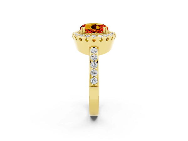 Yellow gold Round Cut Citrine Halo Ring with Pavé Band and Prong Setting