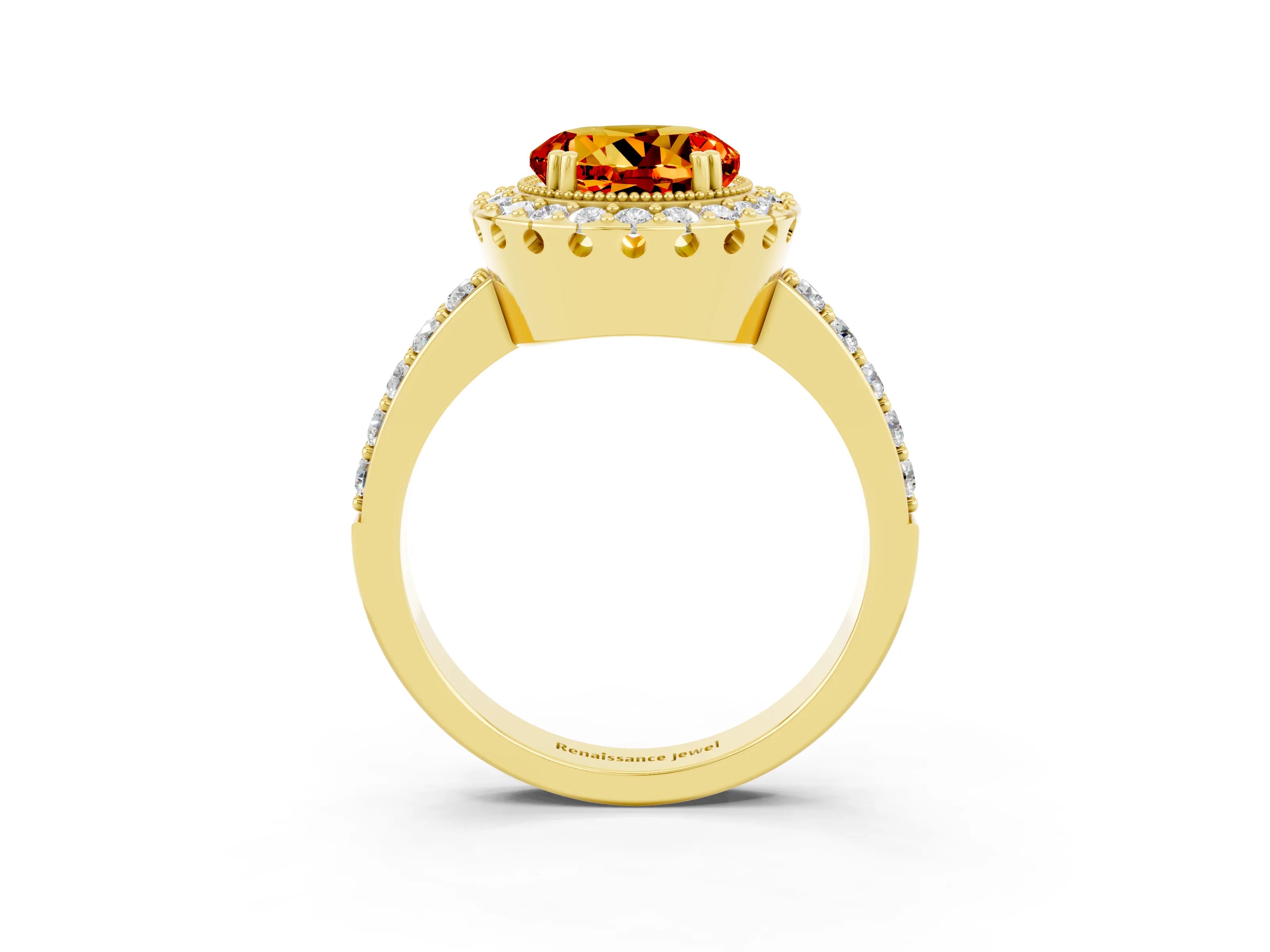 Yellow gold Round Cut Citrine Halo Ring with Pavé Band and Prong Setting_3