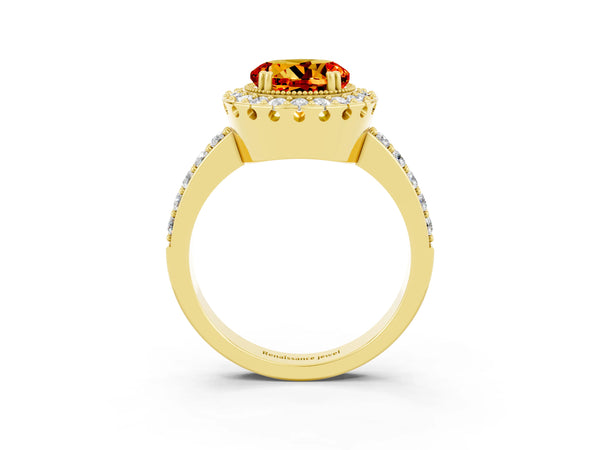 Yellow gold Round Cut Citrine Halo Ring with Pavé Band and Prong Setting