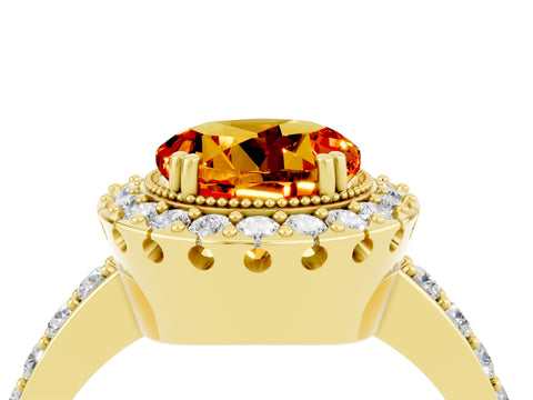 Yellow gold Round Cut Citrine Halo Ring with Pavé Band and Prong Setting_4