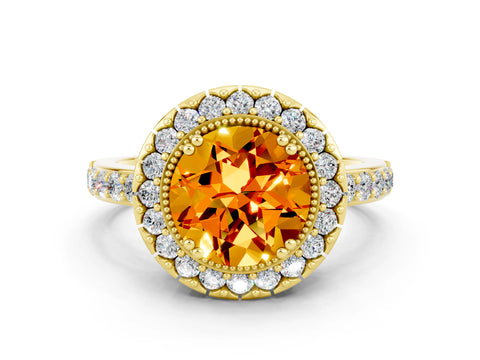 Yellow gold Round Cut Citrine Halo Ring with Pavé Band and Prong Setting