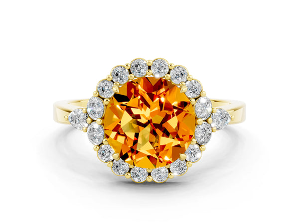 Yellow gold Round Cut Citrine Halo Ring with Pear Side Stones and Prong Setting