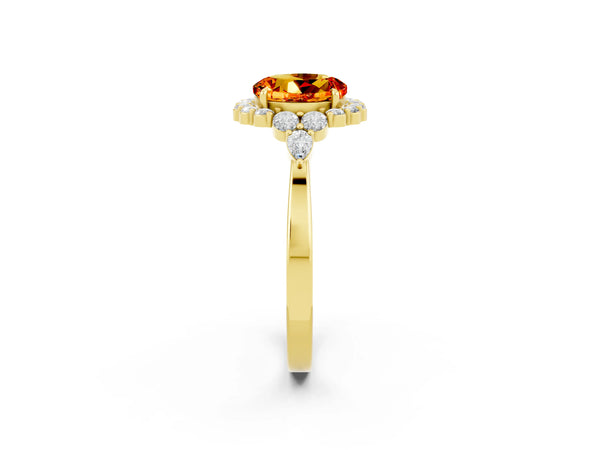 Yellow gold Round Cut Citrine Halo Ring with Pear Side Stones and Prong Setting