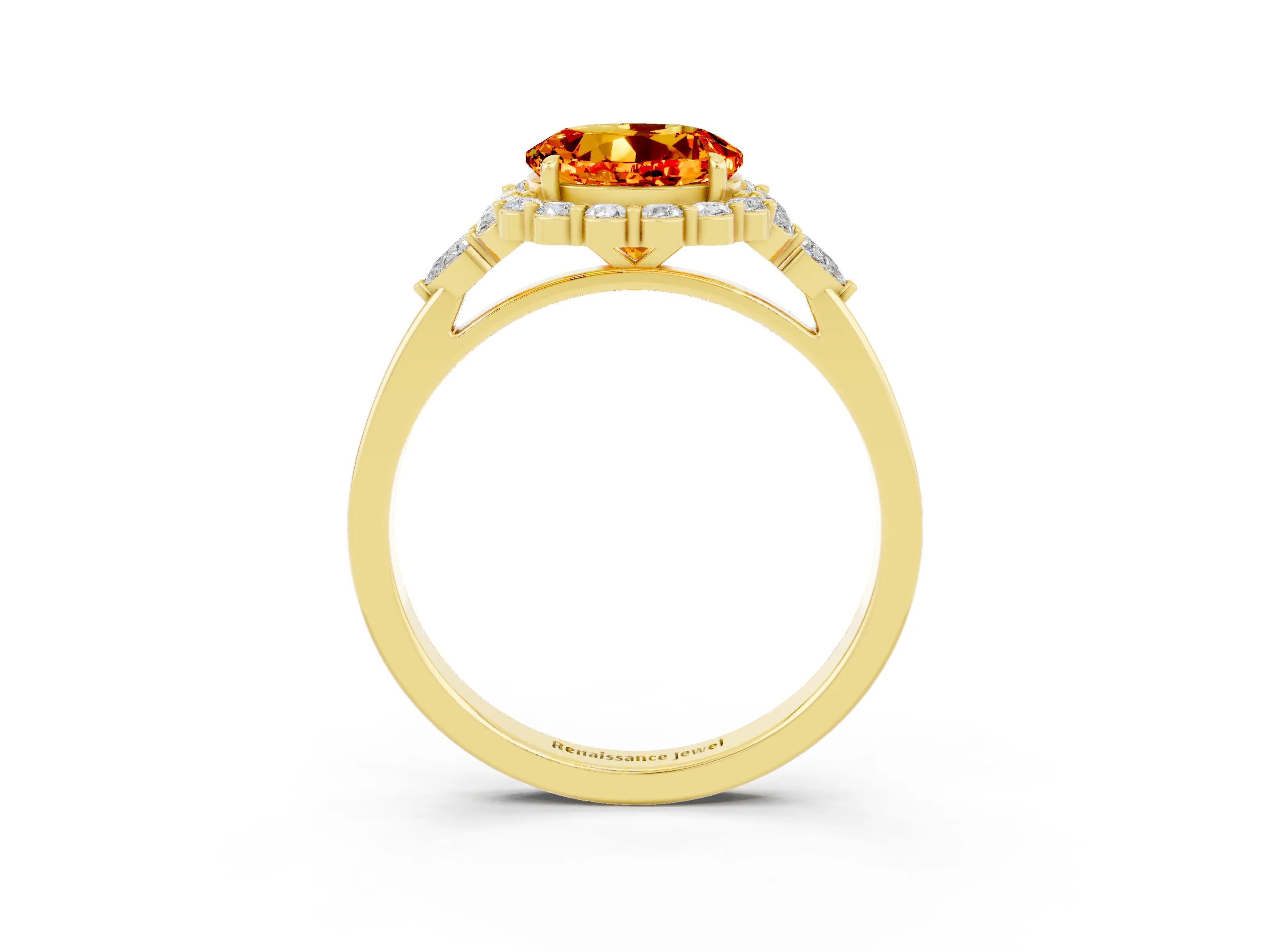 Yellow gold Round Cut Citrine Halo Ring with Pear Side Stones and Prong Setting_15