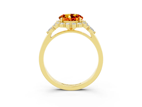 Yellow gold Round Cut Citrine Halo Ring with Pear Side Stones and Prong Setting