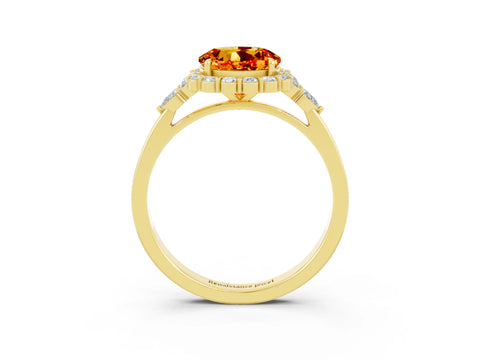 Yellow gold Round Cut Citrine Halo Ring with Pear Side Stones and Prong Setting_15