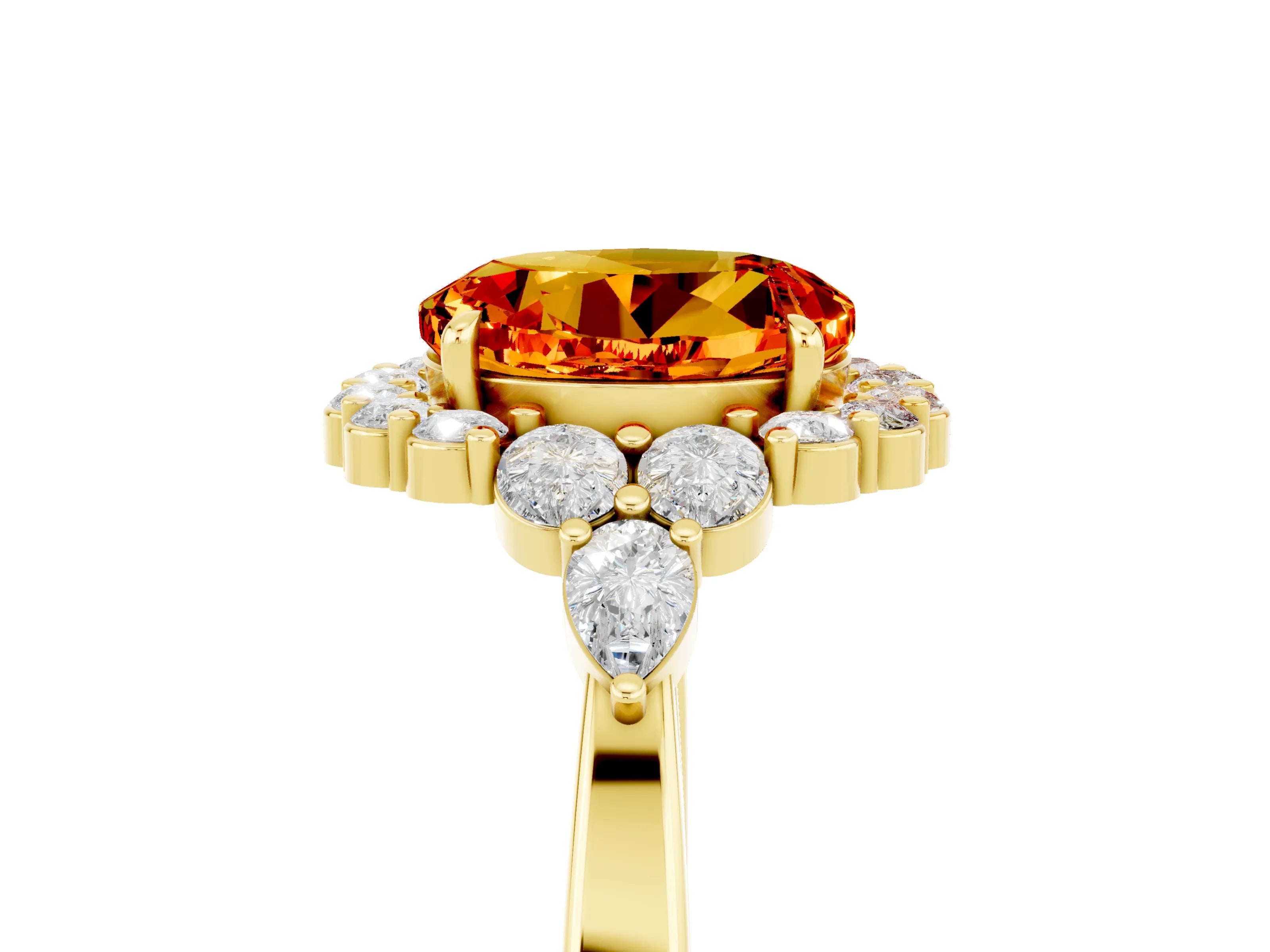 Yellow gold Round Cut Citrine Halo Ring with Pear Side Stones and Prong Setting_17