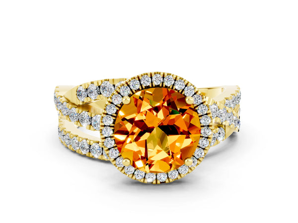 Yellow gold Round Cut Citrine Halo Ring with Round Split Shank and Prong Setting