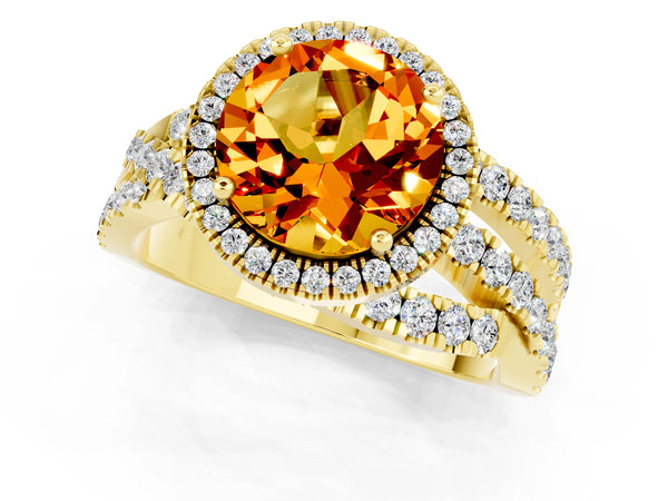 Yellow gold Round Cut Citrine Halo Ring with Round Split Shank and Prong Setting