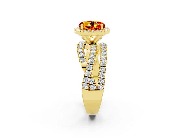Yellow gold Round Cut Citrine Halo Ring with Round Split Shank and Prong Setting