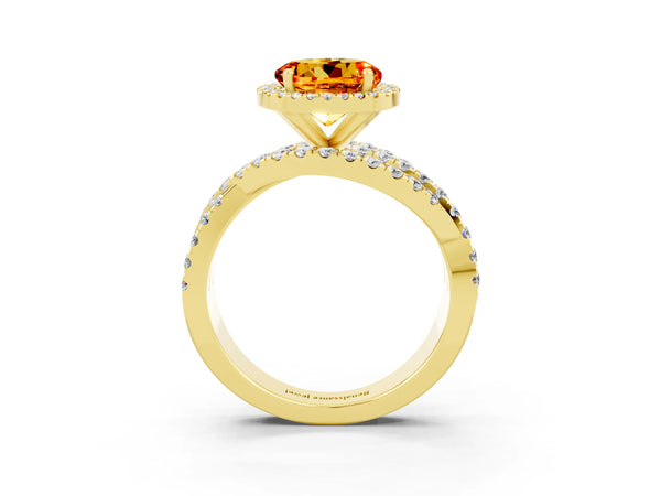 Yellow gold Round Cut Citrine Halo Ring with Round Split Shank and Prong Setting