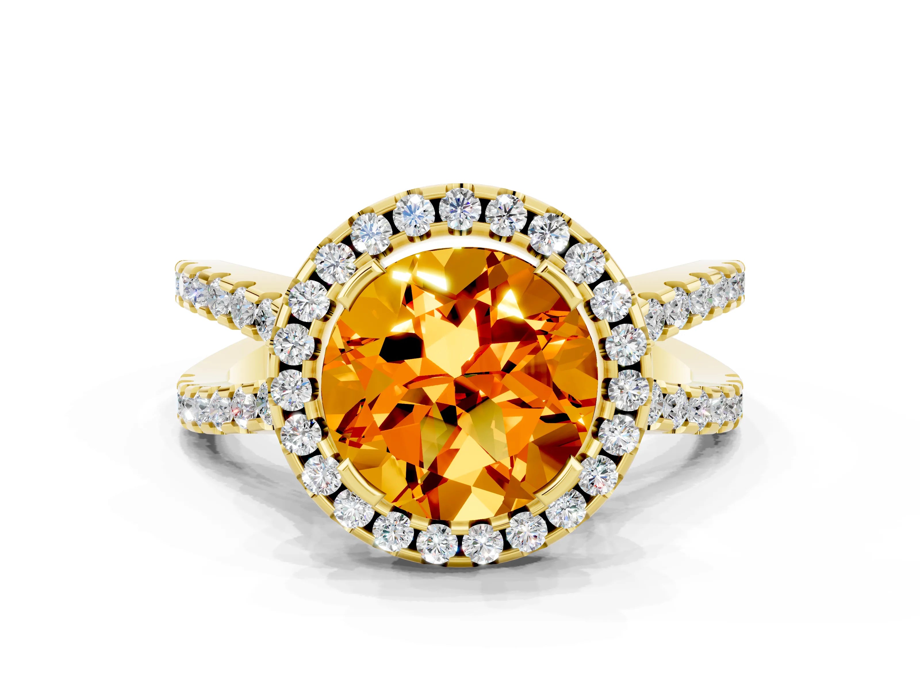 Yellow gold Round Cut Citrine Halo Ring with Split Shank Pavé Band and Prong Setting