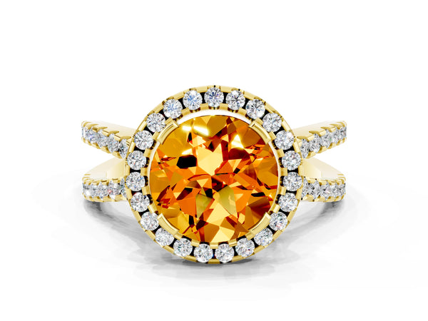 Yellow gold Round Cut Citrine Halo Ring with Split Shank Pavé Band and Prong Setting
