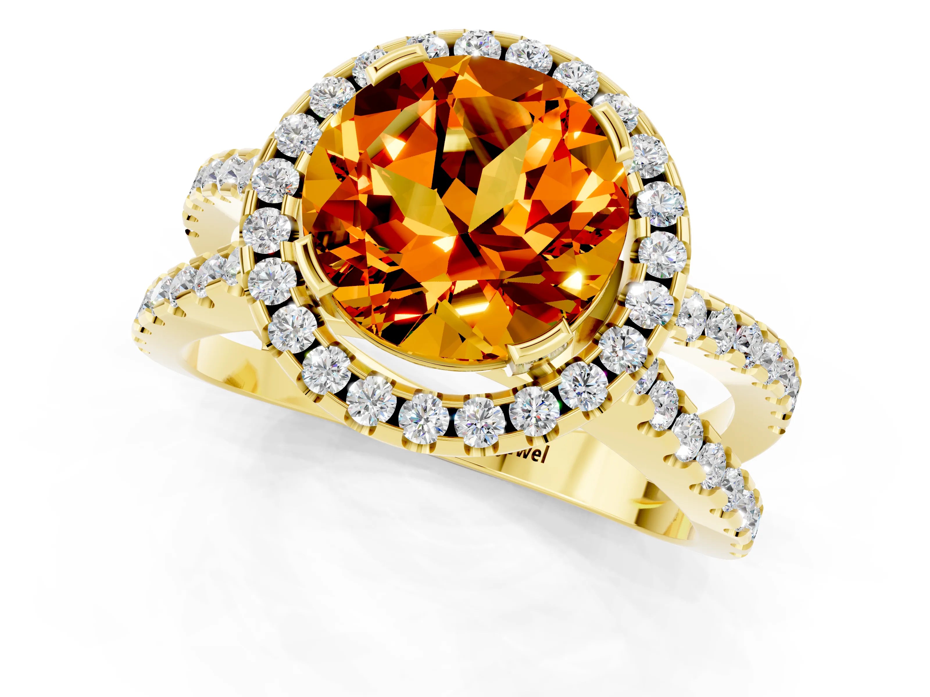 Yellow gold Round Cut Citrine Halo Ring with Split Shank Pavé Band and Prong Setting_1