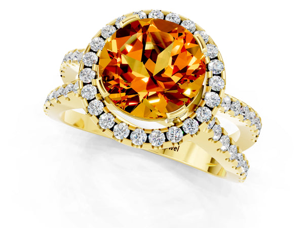 Yellow gold Round Cut Citrine Halo Ring with Split Shank Pavé Band and Prong Setting