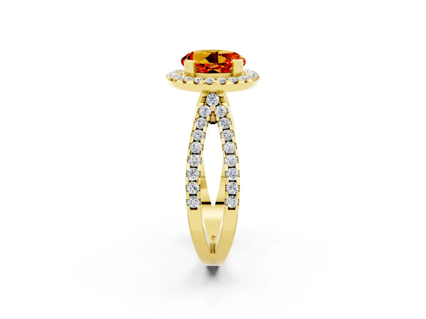 Yellow gold Round Cut Citrine Halo Ring with Split Shank Pavé Band and Prong Setting
