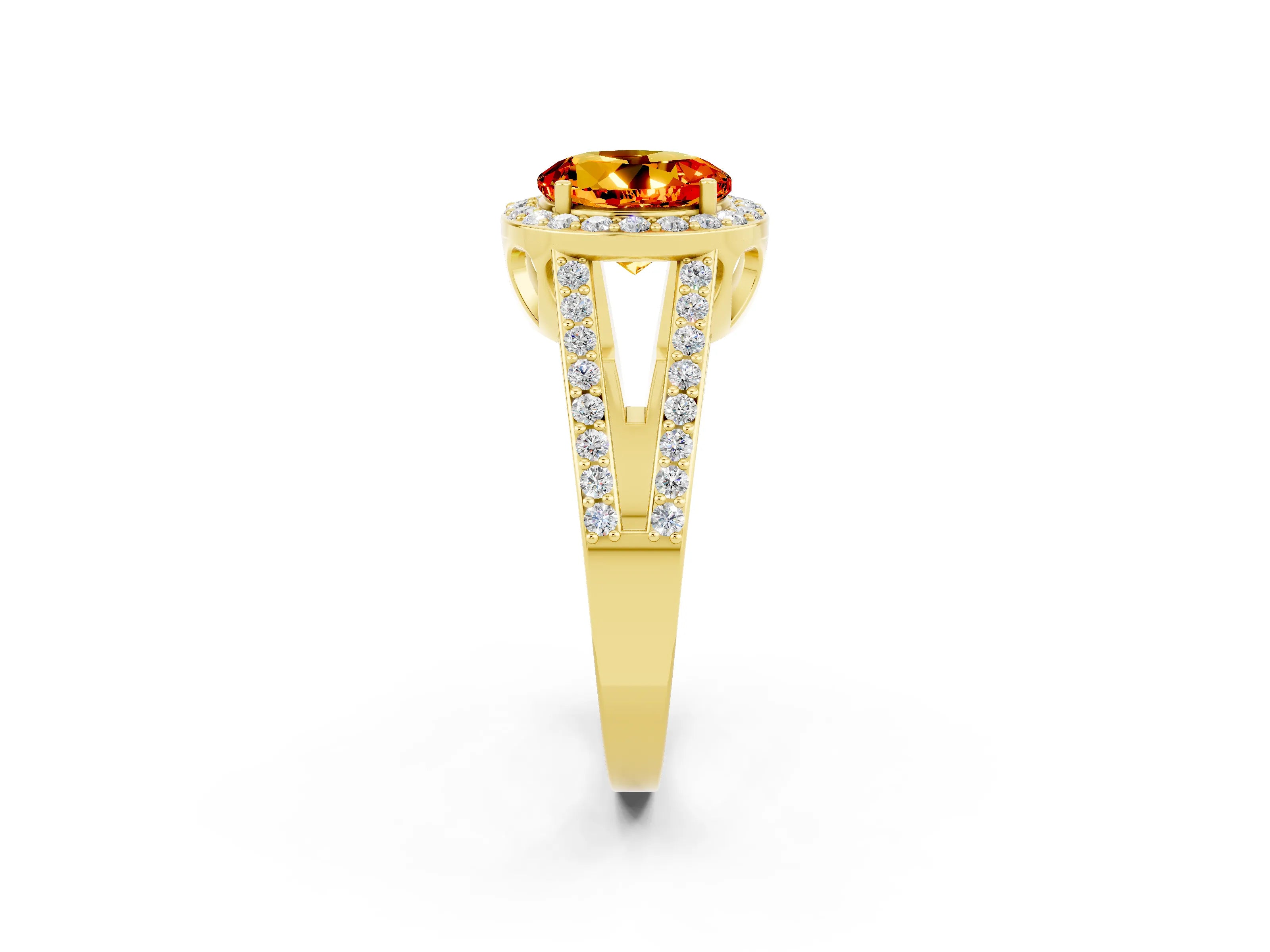 Yellow gold Round Cut Citrine Halo Ring with Split Shank U-Prong Band and Four-Prong Setting_2