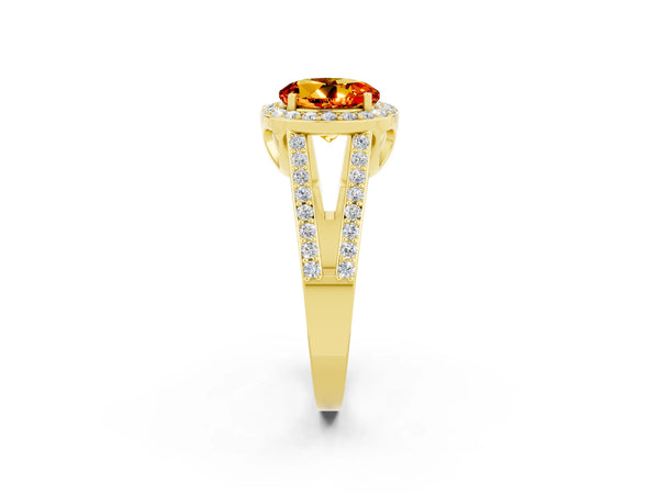 Yellow gold Round Cut Citrine Halo Ring with Split Shank U-Prong Band and Four-Prong Setting